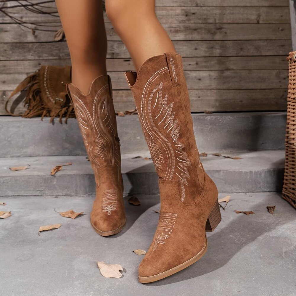 ⚡Women's Brown Solid Color Suede Embroidered Side Zipper High Heeled Boots - Picture 3 of 7